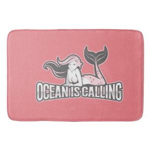 Girl Mermaid Crew Party Pink White Bath Mat