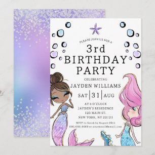 Girl Mermaid Pink Purple Kids Birthday Invitation