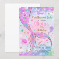 Girl mermaid watercolor and gold birthday invite.