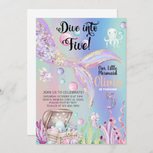 Girl mermaid watercolor and gold birthday invite. invitation