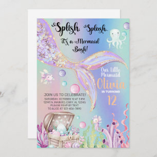 Girl mermaid watercolor and gold birthday invite. invitation