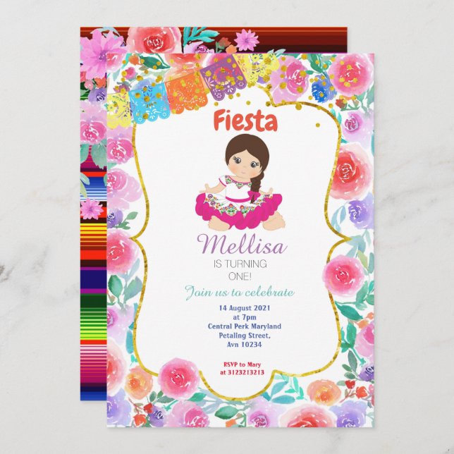 Girl Mexican Pink Birthday Party Invitation Gold (Front/Back)