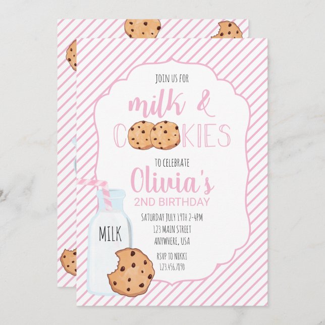 Girl Milk and Cookies Pink Birthday Invitation (Front/Back)