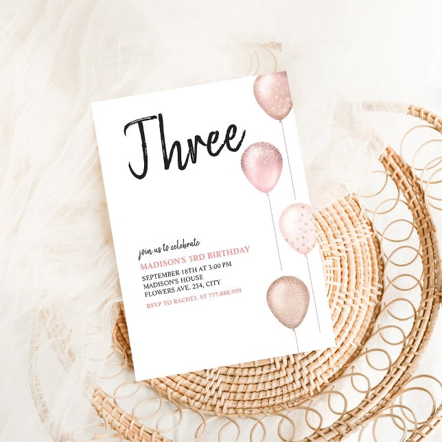 Girl Modern Simple 3rd Pink Balloons Birthday Invitation (Creator Uploaded)