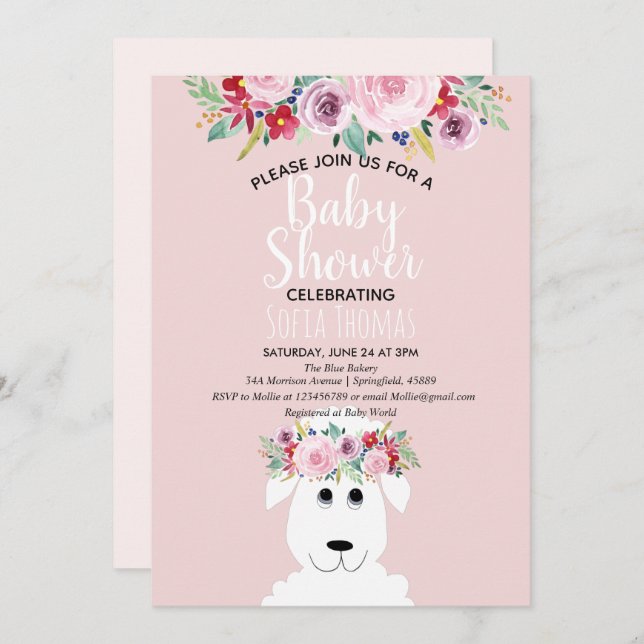 Girl Modern Watercolor Lamb & Flowers Baby Shower Invitation (Front/Back)