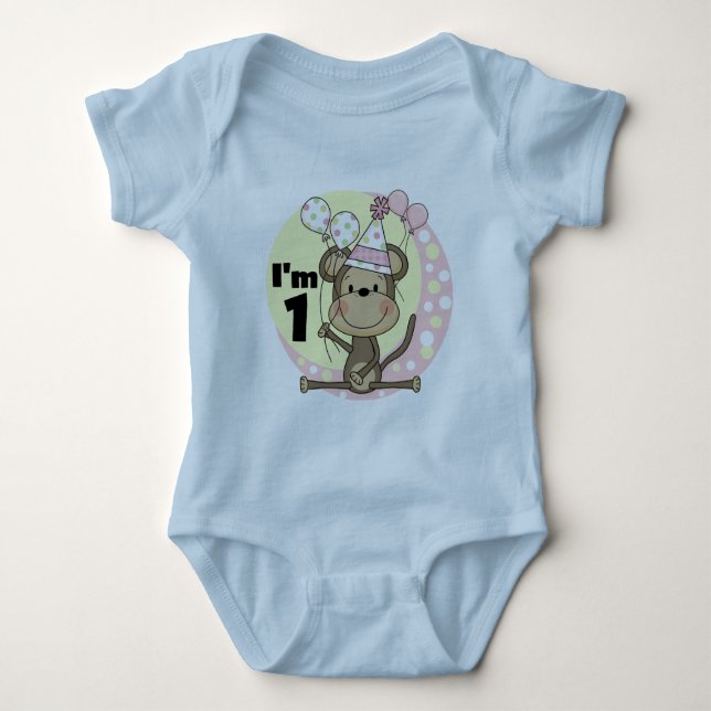 Girl Monkey in Party Hat 1st Birthday Baby Bodysuit (Front)