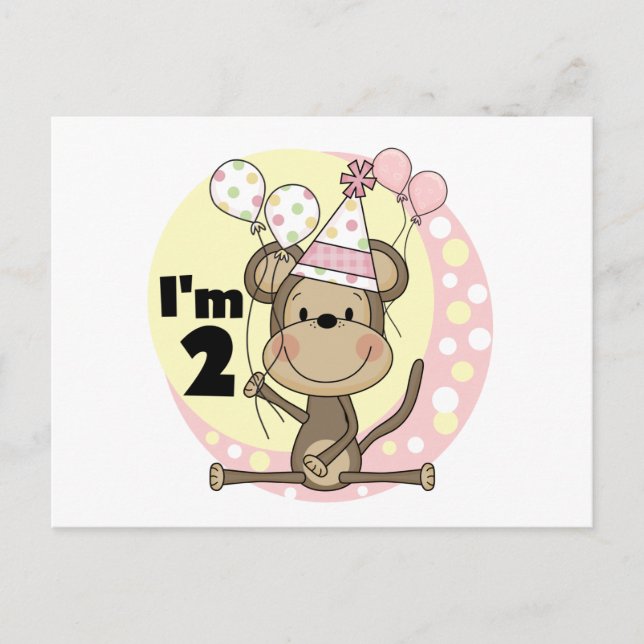 Girl Monkey in Party Hat 2nd Birthday Invitation Postcard (Front)
