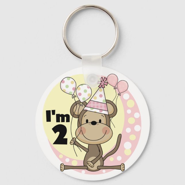 Girl Monkey in Party Hat 2nd Birthday Key Ring (Front)