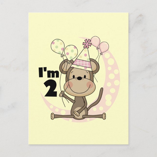 Girl Monkey in Party Hat 2nd Birthday Postcard (Front)