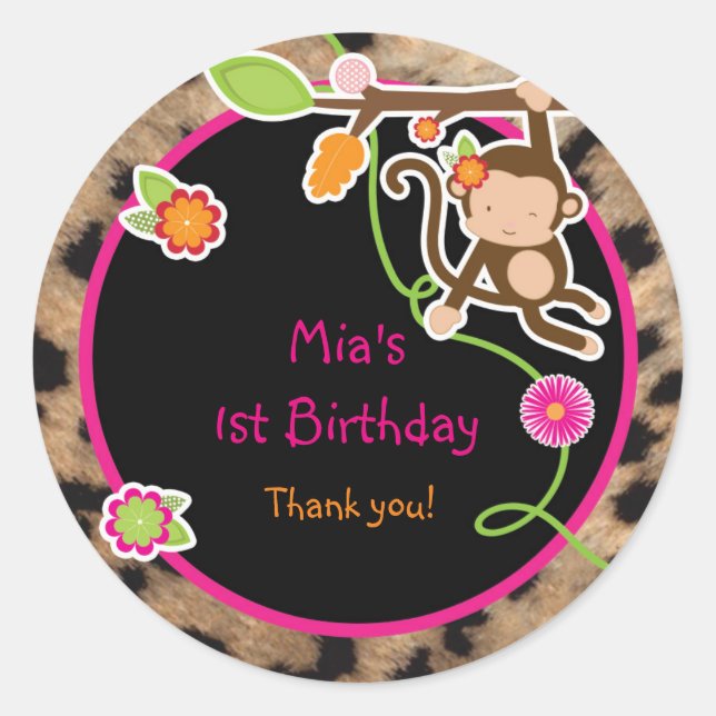 Girl Monkey Jungle Safari Chic Favour Sticker (Front)