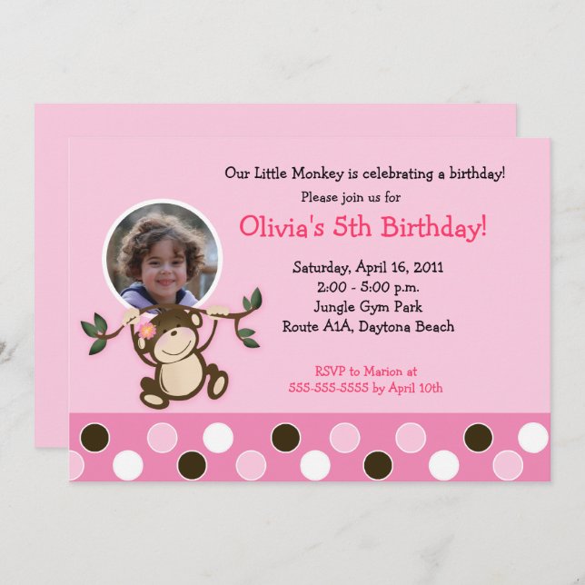 Girl Monkey Photo Birthday Template Invite (Front/Back)