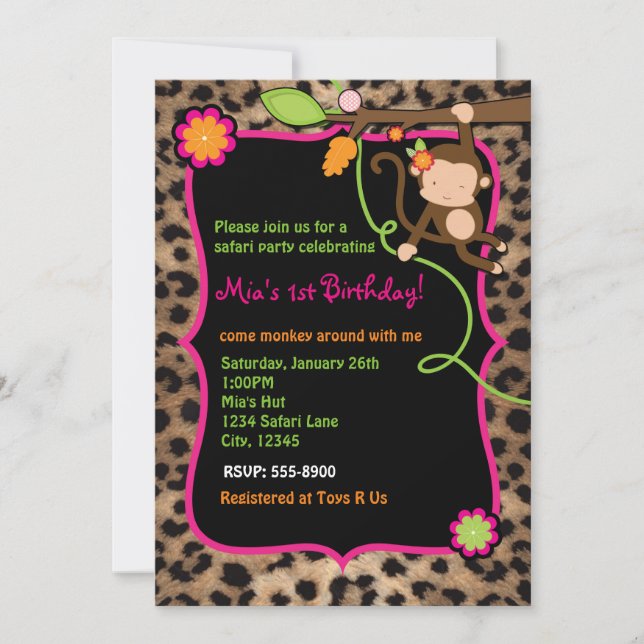 Girl Monkey Safari Chic Jungle Leopard Invitations (Front)