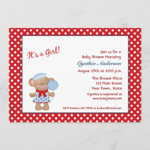Girl Monkey Sailor, Baby Girl Shower Invitation