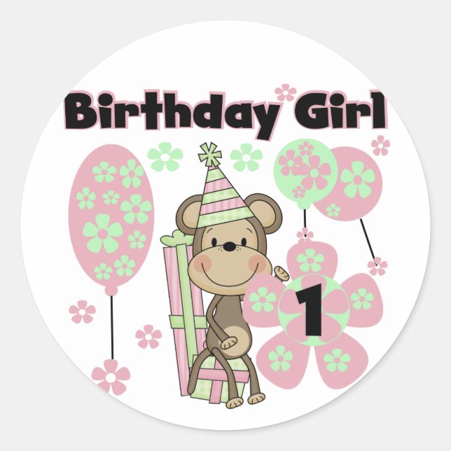 Girl Monkey With Gifts 1st Birthday Tshirts Classic Round Sticker (Front)