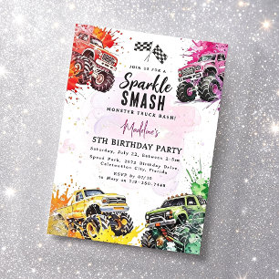 Girl Monster Truck Sparkle Birthday Party Invitation