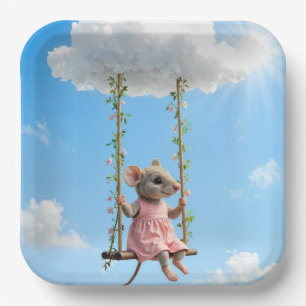 Girl Mouse In a Pink Dress On a Swing Paper Plate