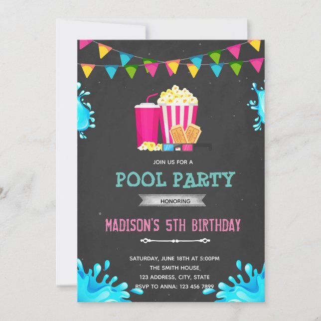 Girl movie pool party invitation (Front)