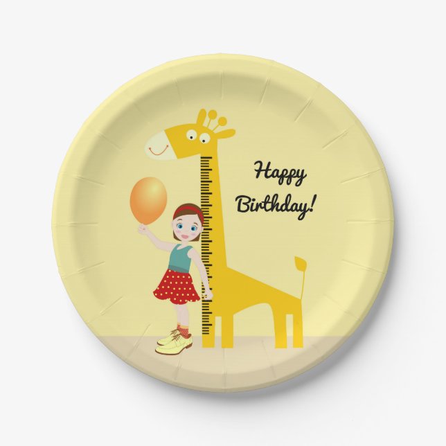 Girl near giraffe ruler Birthday Party Paper Plate (Front)