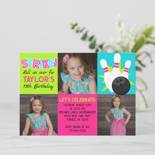 Girl Neon Bowling 3 Photo Birthday Invitation (Standing Front)