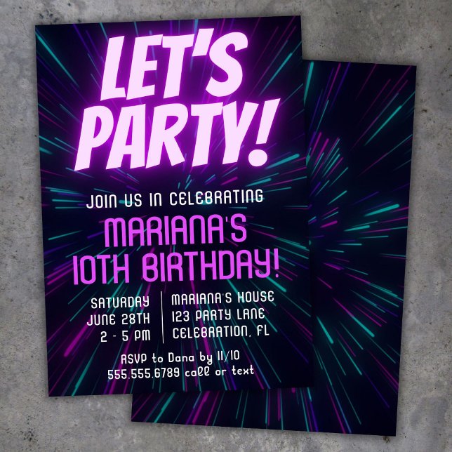 Girl Neon Purple Pink Birthday Party Invitation (Creator Uploaded)