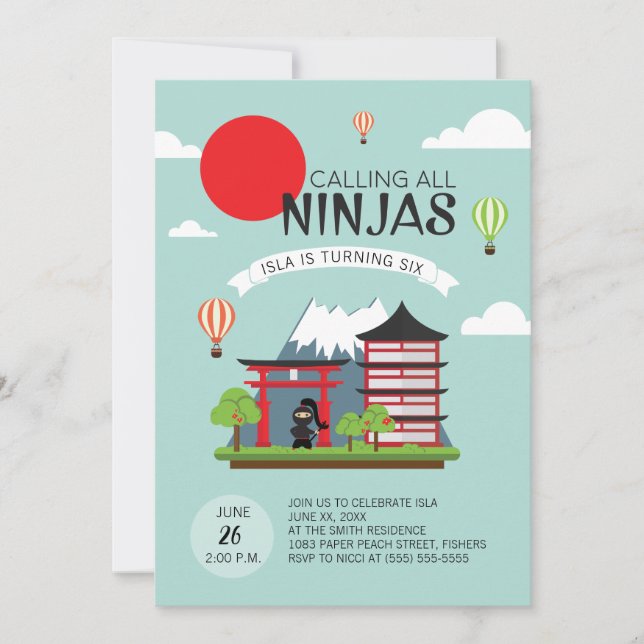 Girl Ninja Birthday Party Invitation - Japanese (Front)