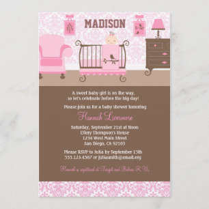 Girl Nursery Baby Shower invitation Pink Brown