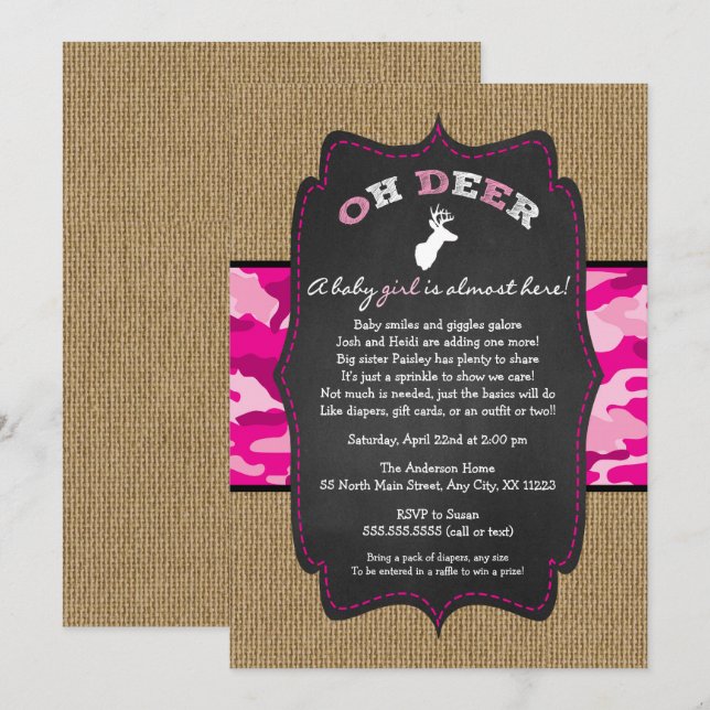 GIRL Oh Deer Buck Baby Sprinkle with camo Invitation (Front/Back)