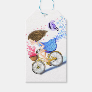 Girl On A Bike Gift Tags Romantic Love Hearts