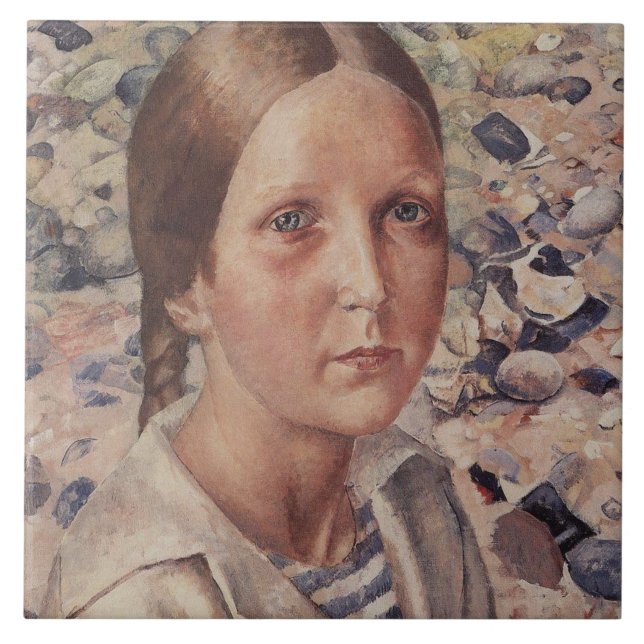 Girl on a Pebble Beach Ceramic Tile (Front)
