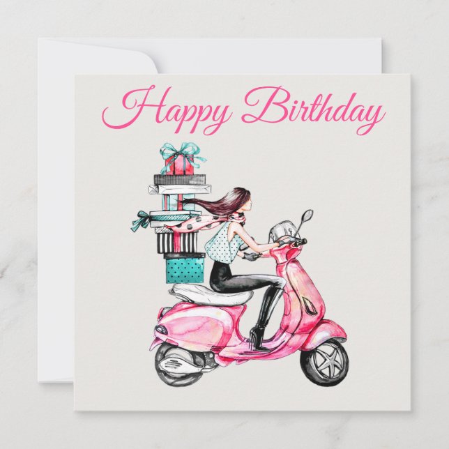Girl on a Scooter with Presents Card (Front)
