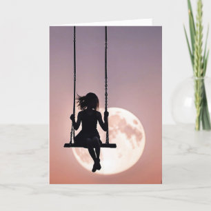 Girl On a Swing Silhouette On a Moon For Birthday Card