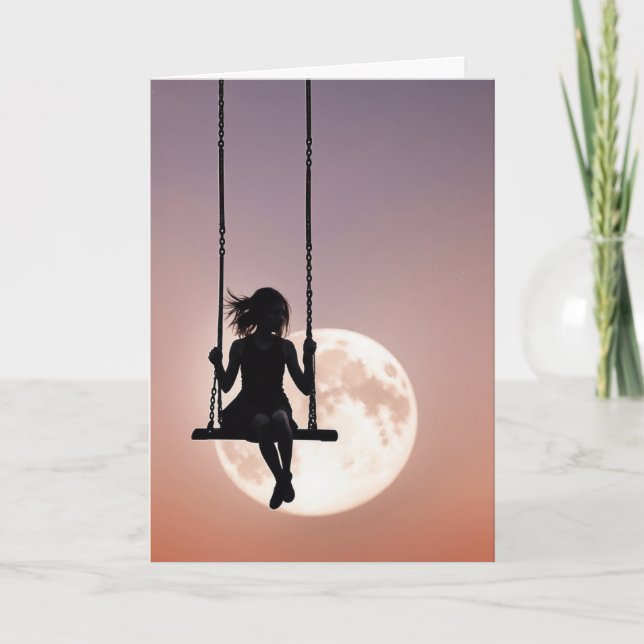 Girl On a Swing Silhouette On a Moon For Birthday Card (Front)