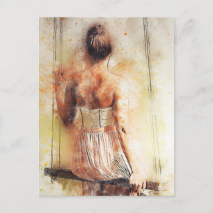 Girl on a Swing Watercolor Postcard