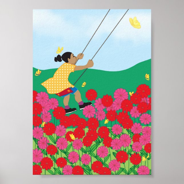 Girl on a swing with flowers poster (Front)