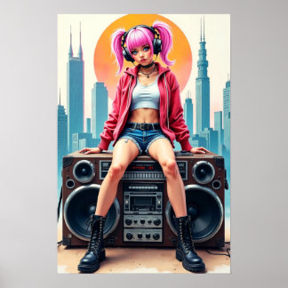 Girl on a vintage tape recorder poster