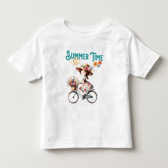 Girl on Bicycle with Flowers Summer Toddler T-Shirt (Front)