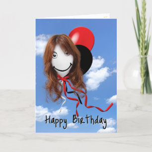 Girl On Birthday Balloon Floating In Sky Card