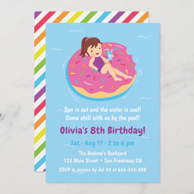 Girl on Doughnut Float Birthday Party Invitations (Front/Back)