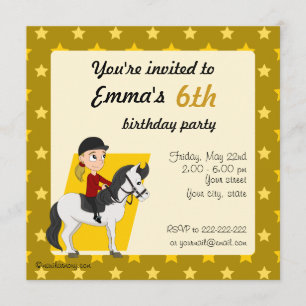 Girl on horse cartoon birthday print invites