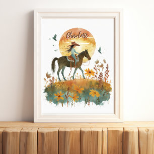Girl on Horse Sunset Personalised Name Poster