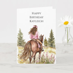 Girl On Horse Trees Flowers Birthday Card
