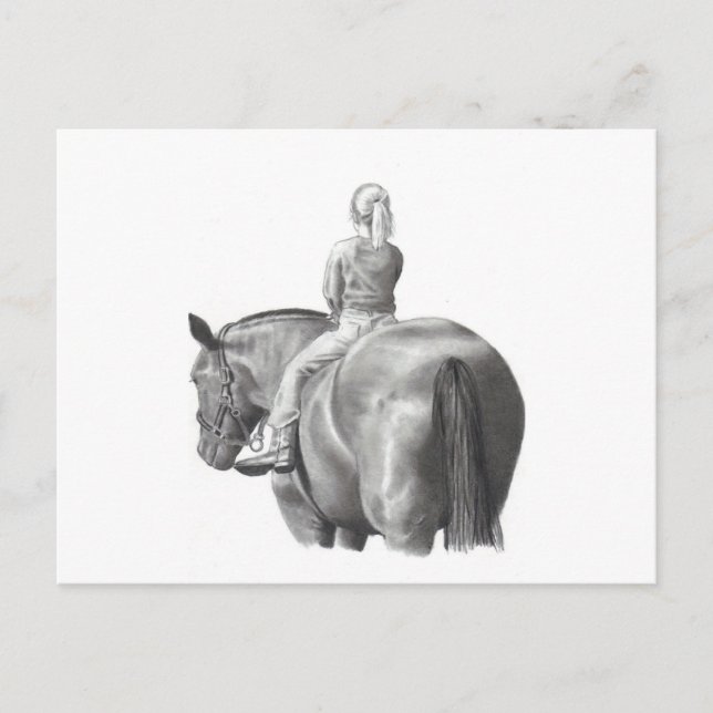 GIRL ON HORSEBACK: PENCIL ART: REALISM POSTCARD (Front)