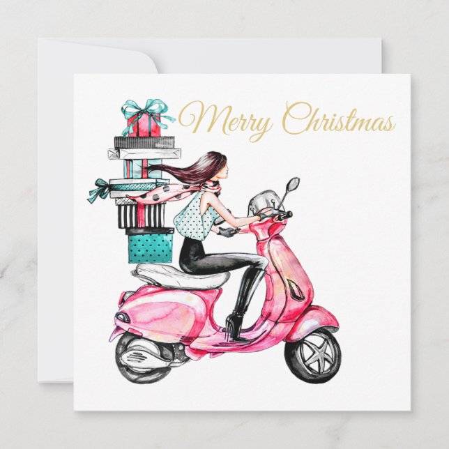Girl on Scooter carrying Presents Christmas Card (Front)