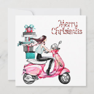 Girl on Scooter carrying Presents Merry Christmas Card