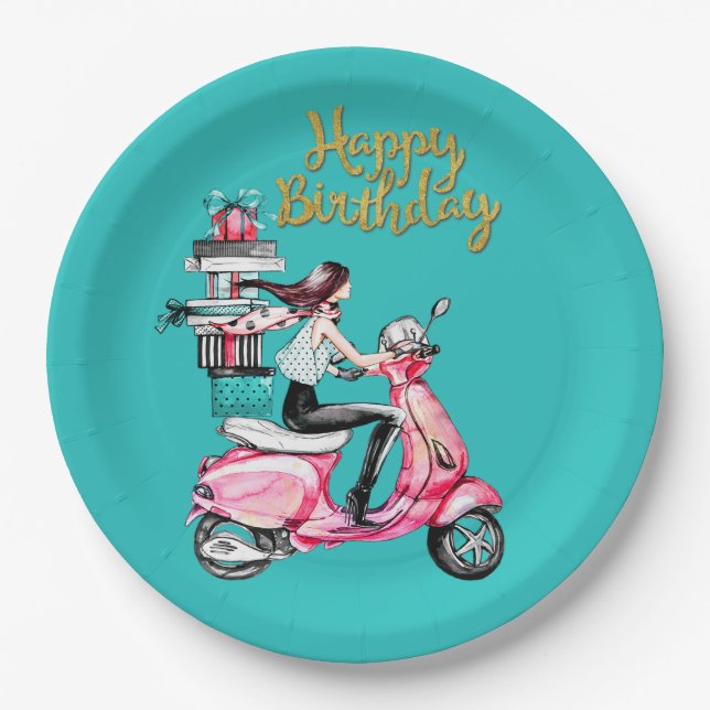 Girl on Scooter carrying Presents   Paper Plate (Front)