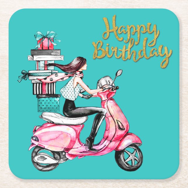 Girl on Scooter carrying Presents    Square Paper Coaster (Front)