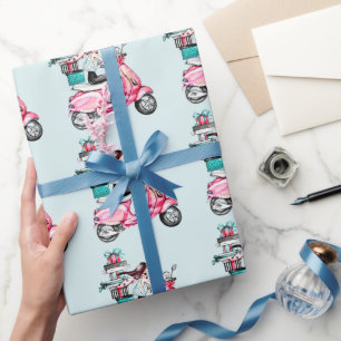 Girl on Scooter carrying Presents Wrapping Paper
