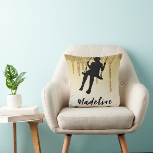 Girl on Swing Gold Glitter Drip Ombre   Cushion