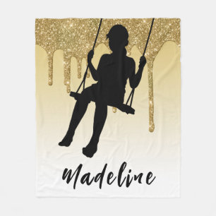 Girl on Swing Gold Glitter Drip Ombre  Fleece Blanket