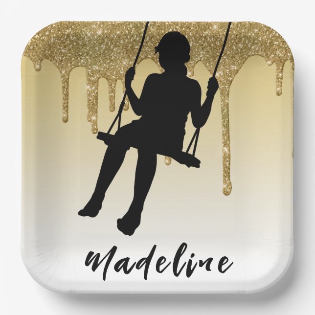 Girl on Swing Gold Glitter Drip Ombre  Paper Plate (Front)